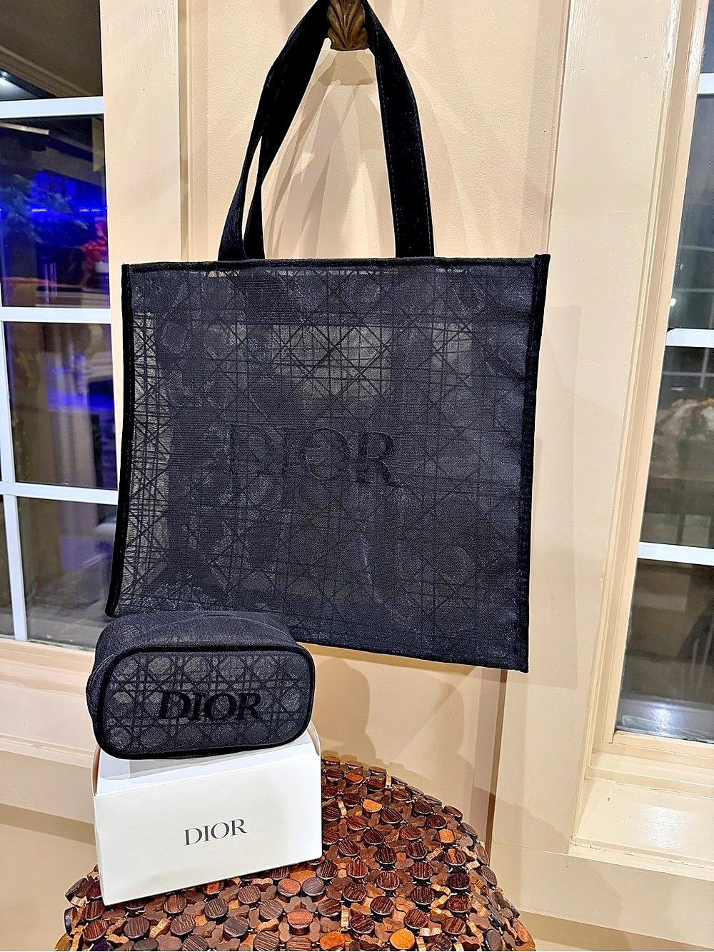 Christian Dior Beauty Velvet Black Mesh Tote Bag Cosmetic Pouch GWP/VIP Gift Set
